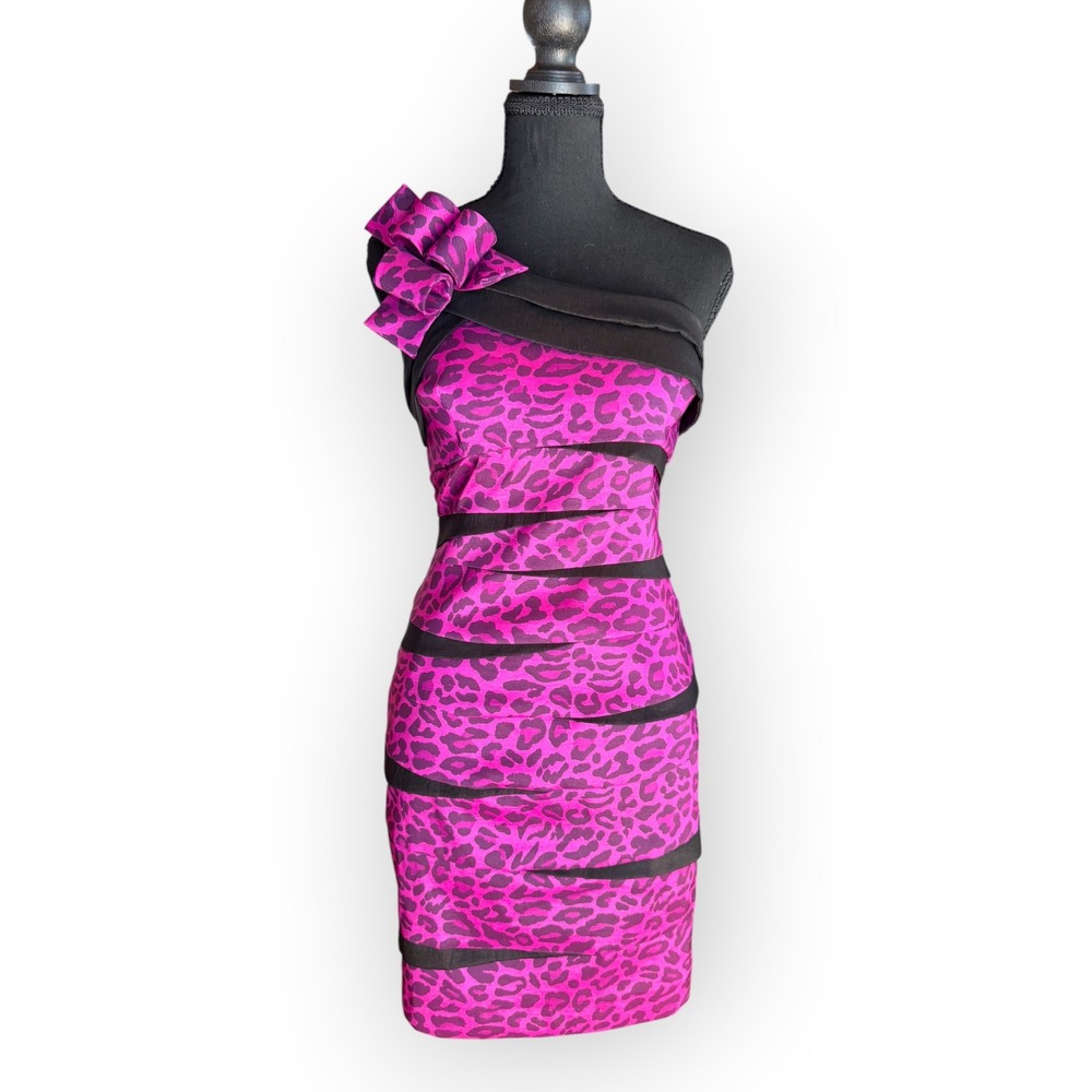 Pink Leopard Print One Shoulder Ruffle Cocktail Dress Bodycon Tiered Mini